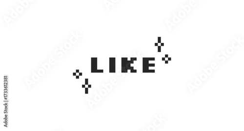 Like black pixel art social media button word. Video engagement. Interactive callout, feedback vote. Thumb up to post. 16 bit videogame text. Nostalgic internet typography. Silkscreen font used
