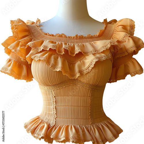 A close up of a ruffled orange peasant blouse with smocking detail and off the shoulder design isolated on transparent background