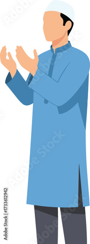 Muslim man in a blue thobe and white cap, standing with hands raised in prayer gesture, symbolizing faith, devotion, and religious practice