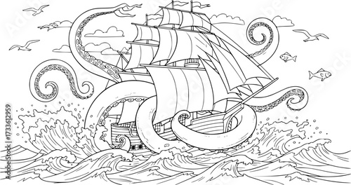Nautical adventure: kraken tentacles embrace ship in ocean waves - coloring page design for kids