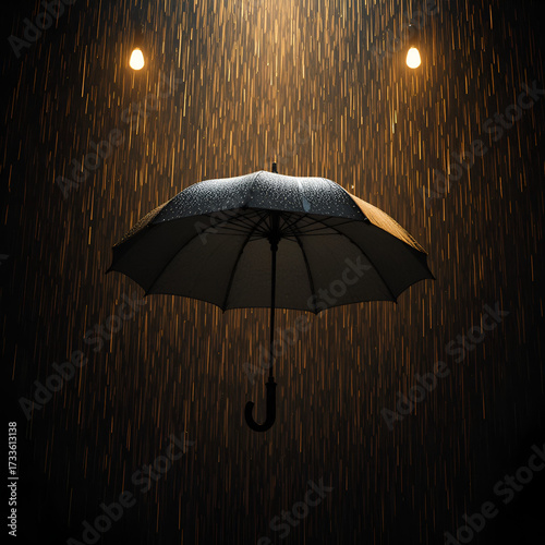 Wallpaper Mural Suspended black umbrella under artificial rain indoors, lit with warm golden studio lights against a pitch-black background Torontodigital.ca