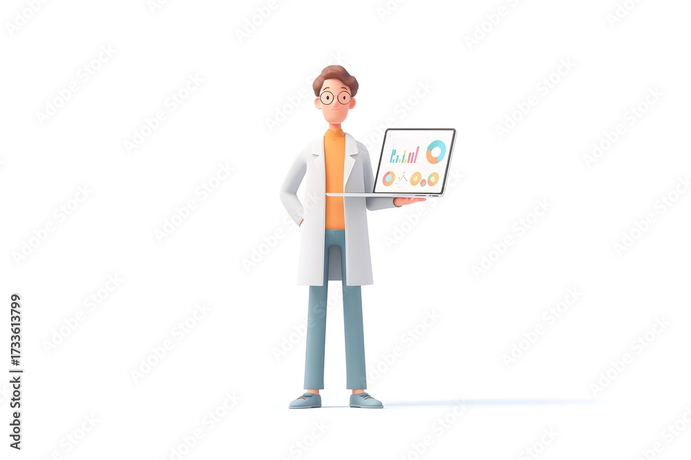 Fototapeta premium data scientist holding a laptop with colorful graphs and AI model predictions glowing above the screen, 3d animation, isolated on a white background,