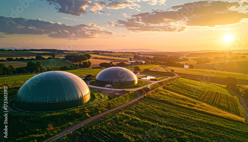 Vibrant sunset illuminates sustainable biogas plants nestled in green agricultural fields, symbolizing renewable energy and environmental progress