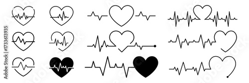 Heart icon, linear design, heartbeat line, pulse, cardiogram, ECG signal, medical health care, love concept, modern simple vector set on transparent background