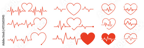 Heart icon, linear design, heartbeat line, pulse, cardiogram, ECG signal, medical health care, love concept, modern simple vector set on transparent background