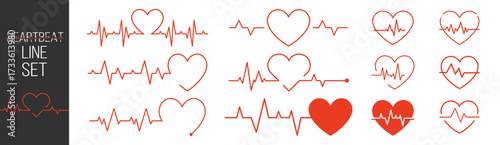 Heart icon, linear design, heartbeat line, pulse, cardiogram, ECG signal, medical health care, love concept, modern simple vector set on transparent background