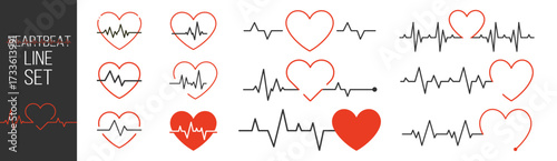 Heartbeat line, pulse, cardiogram, medical health care, heart rhythm, red outline vector set on transparent background
