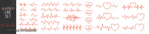 Heartbeat line, pulse, cardiogram, medical health care, heart rhythm, red outline vector set on transparent background