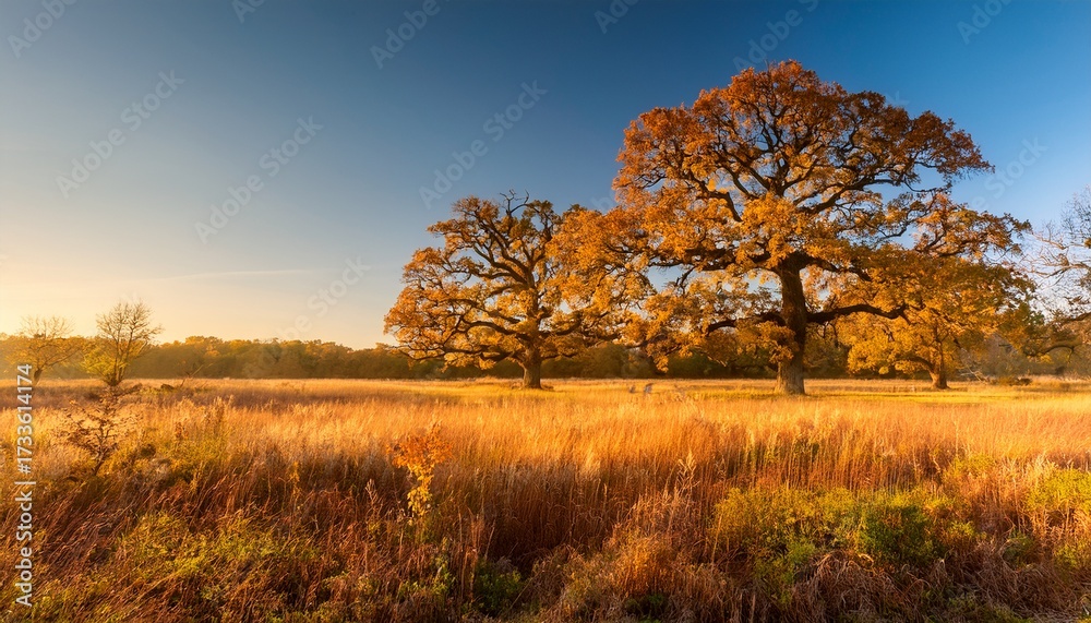 Fototapeta premium A Natural Meadow And Three Large Swamp White Oak Trees In The Autumn