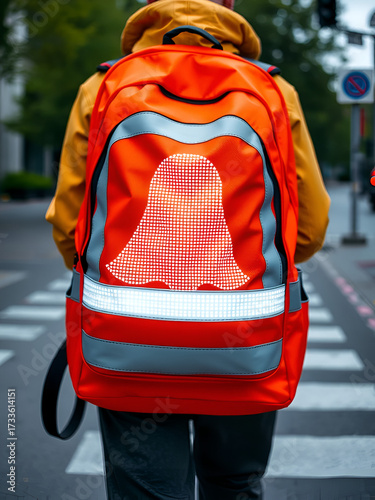 Wallpaper Mural Elegant white reflective safety signal in a ghost pattern form on an orange backpack for pedestrian visibility Torontodigital.ca