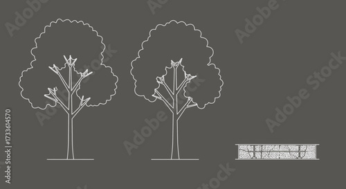Architectural blueprint showcasing tree and seating arrangement for landscape design