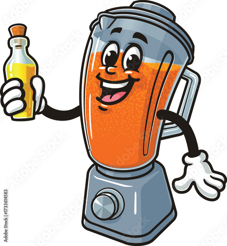 Blender mascot cartoon holding a drink flavoring