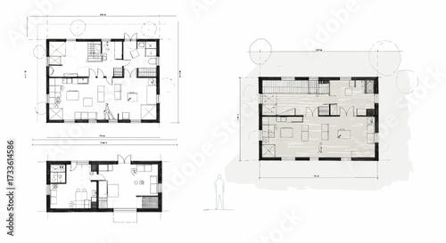 Architectural blueprints depicting house layouts and elevations with detailed dimensions