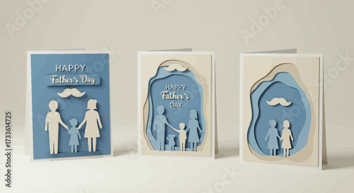 Charming Father's Day card designs featuring paper cut family silhouettes and mustaches