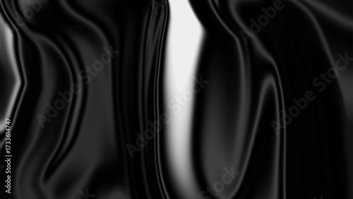 Black glossy abstract texture background with a smooth, vertical white highlight. Elegant dark silk or satin drape backdrop with soft light reflections.