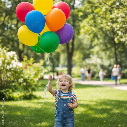 Happy child holding colorful balloons in park on sunny day  