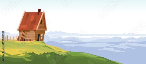 Panoramic mountain landscape with a wooden house on a hill overlooking valleys - geometric low-poly rural scenery vector illustration with fence and meadow