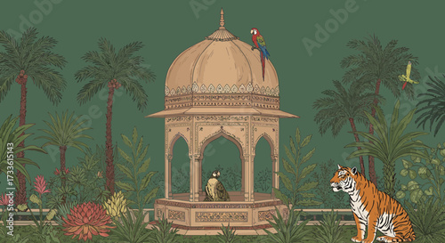Enchanting Indian jungle scenery with animals and historical architecture pavilion