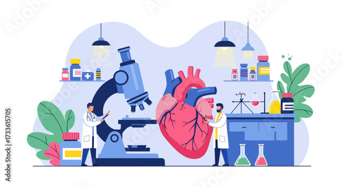 Flat style illustration of doctors analyzing human heart with microscope and lab equipment, representing cardiology, heart health research, medical science, and disease prevention