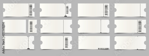 Realistic blank mockup for ticket with barcode. Ticket Empty template for cinema, Concert, theater, events, transport or boarding pass, vouchers and lottery coupons. Vector design elements