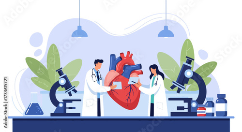 Flat style illustration of doctors analyzing human heart with microscope and lab equipment, representing cardiology, heart health research, medical science, and disease prevention