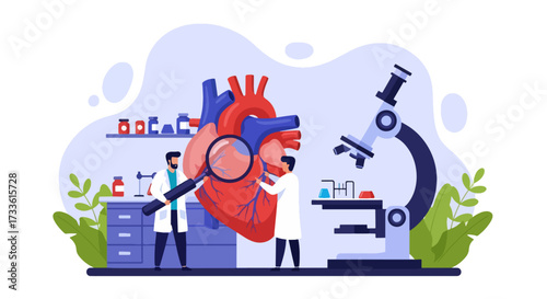 Flat style illustration of doctors analyzing human heart with microscope and lab equipment, representing cardiology, heart health research, medical science, and disease prevention