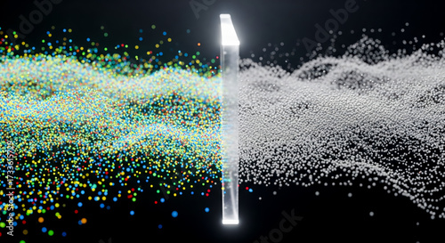 Data filtering and transformation concept with chaotic colorful particles becoming organized. Abstract technology background showing information processing, analysis
