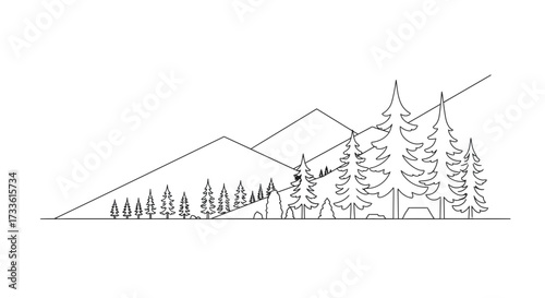 Minimalist Mountain Landscape with Pine Trees and Tent for Outdoor Adventure
