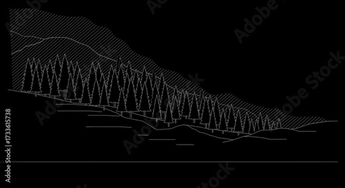 Minimalist Landscape: Forest on a Hillside with Mountain Silhouette in Black and White