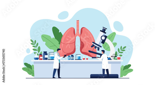 Flat style illustration of doctors examining human lungs with microscope and lab equipment, symbolizing pulmonology, respiratory health research, medical science, and disease prevention