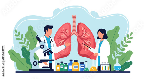 Flat style illustration of doctors examining human lungs with microscope and lab equipment, symbolizing pulmonology, respiratory health research, medical science, and disease prevention