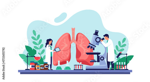 Flat style illustration of doctors examining human lungs with microscope and lab equipment, symbolizing pulmonology, respiratory health research, medical science, and disease prevention