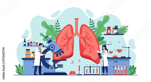 Flat style illustration of doctors examining human lungs with microscope and lab equipment, symbolizing pulmonology, respiratory health research, medical science, and disease prevention