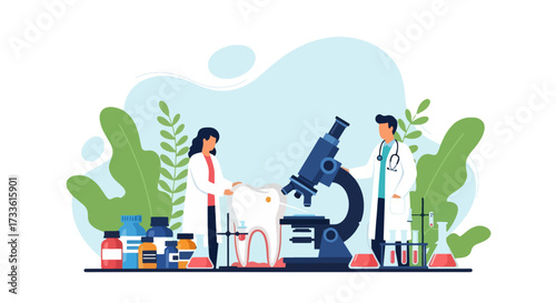 Flat style illustration of dentists and researchers analyzing a tooth with microscope and lab equipment, representing dental health, oral care research, and modern medical science