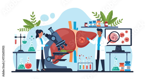 Flat style illustration of doctors analyzing human liver with magnifying glass and microscope, symbolizing hepatology, liver health research, medical science, and disease prevention