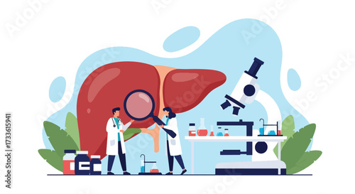 Flat style illustration of doctors analyzing human liver with magnifying glass and microscope, symbolizing hepatology, liver health research, medical science, and disease prevention