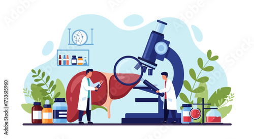 Flat style illustration of doctors analyzing human liver with magnifying glass and microscope, symbolizing hepatology, liver health research, medical science, and disease prevention