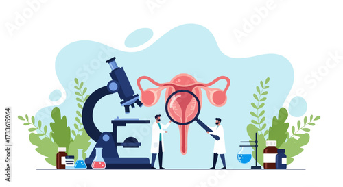 Flat style illustration of doctors examining female reproductive system with magnifying glass and microscope, representing gynecology, fertility research, women’s health, and medical science