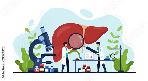 Flat style illustration of doctors analyzing human liver with magnifying glass and microscope, symbolizing hepatology, liver health research, medical science, and disease prevention