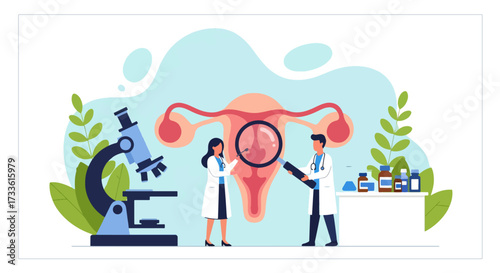 Flat style illustration of doctors examining female reproductive system with magnifying glass and microscope, representing gynecology, fertility research, women’s health, and medical science