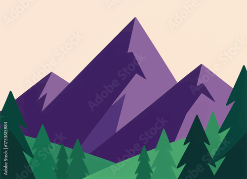 Abstract mountain landscape with purple peaks and green trees under soft light