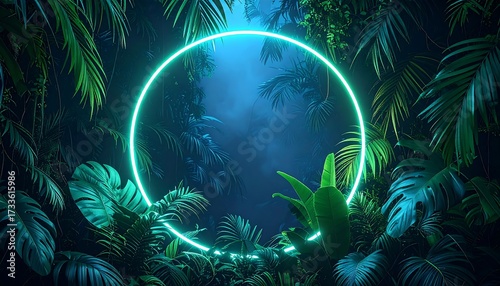 Neon circle in a lush jungle scene