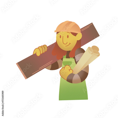 Female construction worker carrying wood plank and blueprint. Job, career, engineering, builder, woman in hardhat illustration