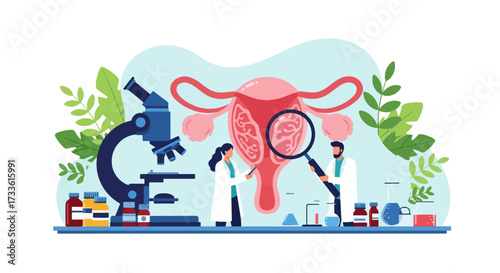 Flat style illustration of doctors examining female reproductive system with magnifying glass and microscope, representing gynecology, fertility research, women’s health, and medical science