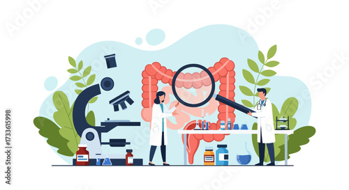Flat style illustration of doctors studying human intestines with magnifying glass, microscope, and lab equipment, symbolizing digestive health research, medicine, and medical science