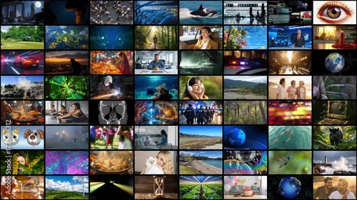 Video wall seamless loop. Mosaic grid of TV or streaming content. Abundance of choice of channels. Videos are a mix of AI and non-AI content.