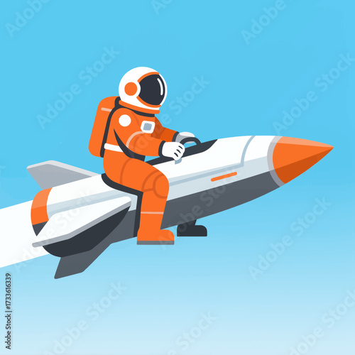 Bold astronaut piloting futuristic rocket ship against clear blue sky