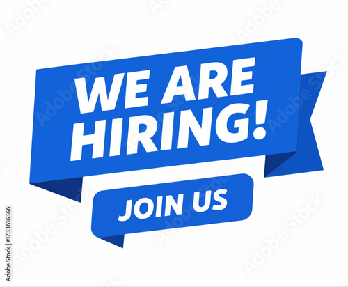 Bold blue ribbon banner with "WE ARE HIRING!" and "JOIN US" text on white background