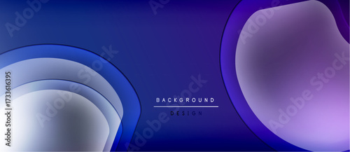 Abstract background features layered shapes, gradients. Blue, purple hues dominate design, creating modern aesthetic. Minimal text present.