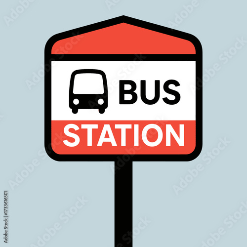 Bold red bus station sign against a serene sky